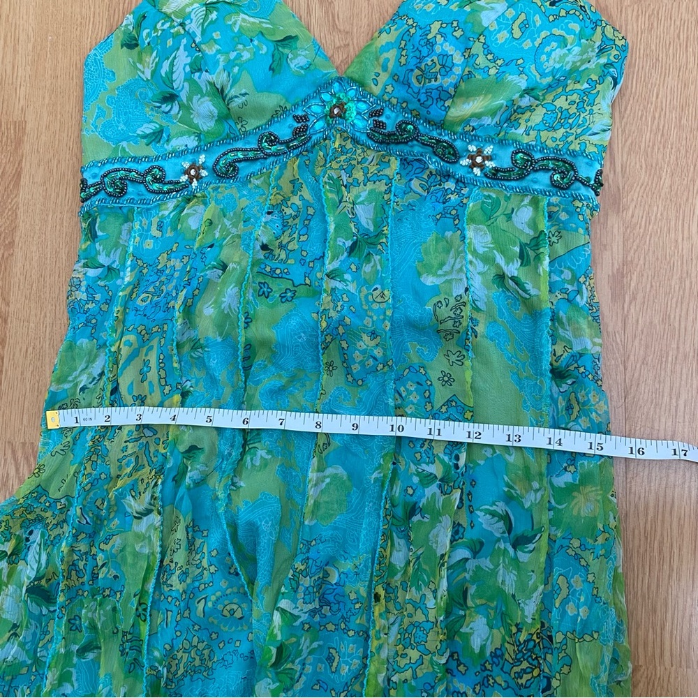 [SOLD] Vintage Sue Wong 100% Silk Green Halter Handkerchief Dress Beaded Size M - Picture 7 of 8